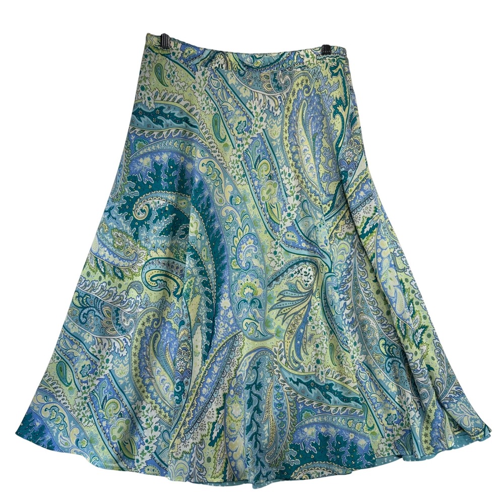 Coastal Appleseed's Petites Paisley A-Line Midi Skirt PM Blue Green Flowy Lined